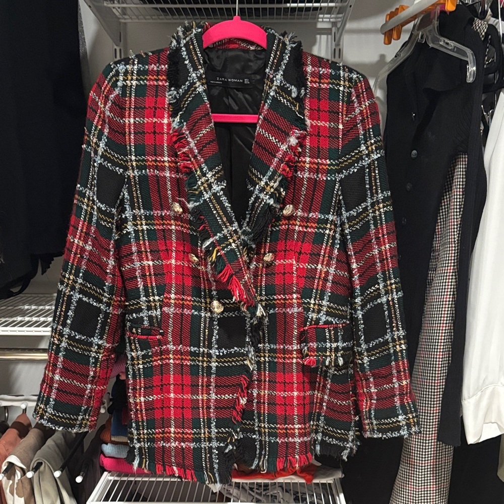 Zara Red and Black Plaid Blazer